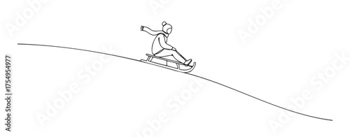 Minimalist black-and-white illustration of person sliding down snowy mountain slope on sled. Perfect for winter sports, fun, and family lifestyle content. 