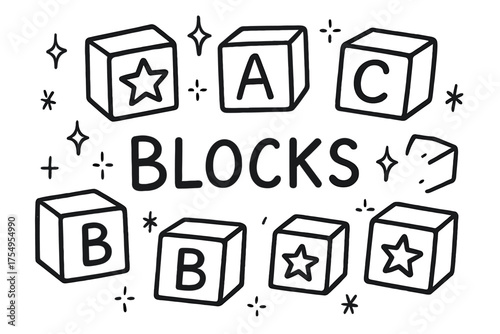 Starry Toy Blocks. Doodle toy blocks with stars, letters, and sparkles, center word “Blocks” in black and white isolated