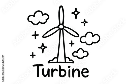Turbine Doodle Art. Doodle wind turbine with stars, clouds, and sparkles, center word “Turbine” in black and white isolated