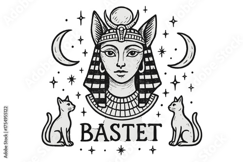 Bastet with Moons. Hand-drawn bastet with moons, cats, and sparkles, center word “Bastet” in black and white isolated transparent