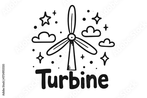 Turbine Doodle Art. Doodle wind turbine with stars, clouds, and sparkles, center word “Turbine” in black and white isolated