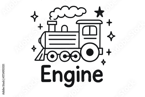 Doodle Steam Engine. Doodle steam engine with stars, wheels, and sparkles, center word “Engine” in black and white isolated