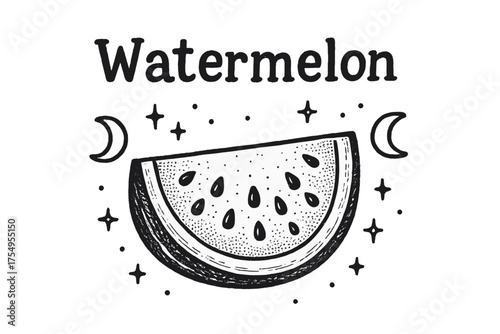 Watermelon Magic Art. Hand-drawn watermelon with moons, seeds, and sparkles, center word “Watermelon” in black and white isolated