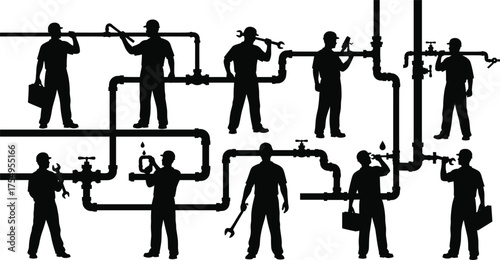 Plumber, teamwork, pipe repair, maintenance, wrench, toolbox, silhouette, black and white, industrial, construction, water system, valve, joint, connection, inspection, adjustment, plumbing