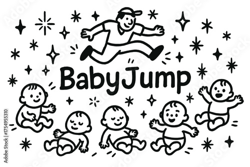 Baby Jump Festival Doodle. Doodle baby jumping festival spain with stars, babies, and sparkles, center word “BabyJump” in black