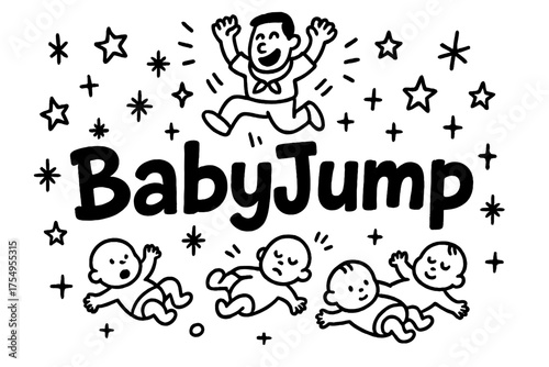 Baby Jump Festival Doodle. Doodle baby jumping festival spain with stars, babies, and sparkles, center word “BabyJump” in black