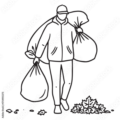 Minimalist black-and-white illustration of person carrying full trash bags after yard cleanup with fallen leaves nearby. Perfect for cleaning, ecology, and seasonal chores content. Ideal for websites,