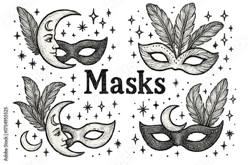 Carnival Moons and Feathers. Hand-drawn carnival masks with moons, feathers, and sparkles, center word “Masks” in black and white