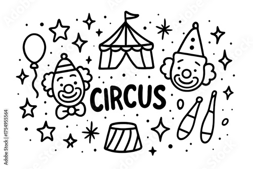 Doodle Circus Spectacle. Doodle circus show with stars, clowns, and sparkles, center word “Circus” in black and white isolated