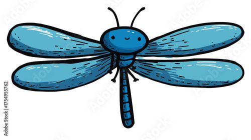 Cute cartoon dragonfly with light blue body, thick black outline on a white background