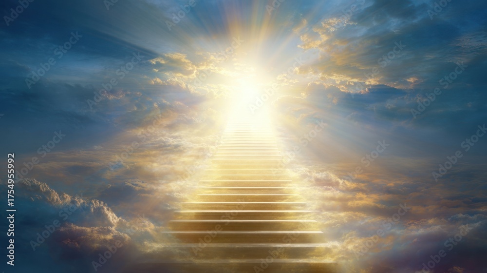 Obraz premium Soft clouds envelop a bright stairway leading to radiant light evoking peace and wonder.