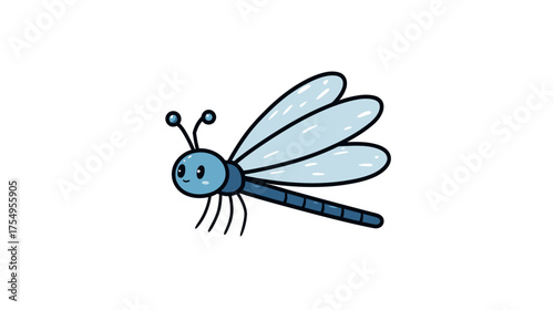 Cute cartoon dragonfly with blue body, antennae, legs and light blue wings on white
