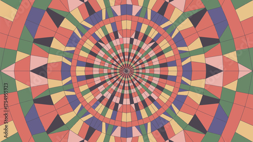 A colorful kaleidoscope pattern with geometric shapes in radial symmetry and pastel color palette