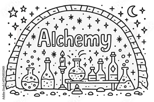 Doodle Alchemy Lab. Doodle alchemy lab hidden underground with stars, bottles, and sparkles, center word “Alchemy” in black and