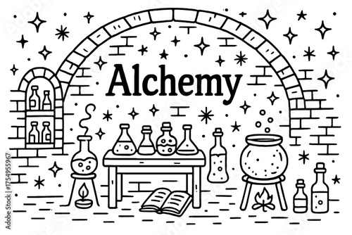 Doodle Alchemy Lab. Doodle alchemy lab hidden underground with stars, bottles, and sparkles, center word “Alchemy” in black and