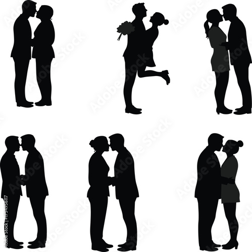 Romantic couple silhouette, kissing lovers, intimate embrace, black shadow art, passionate pose, love illustration, affectionate moment, valentine concept, romantic gesture, emotional connection