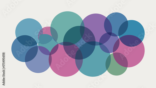Overlapping translucent circles in shades of blue green and pink on a light background create abstract art