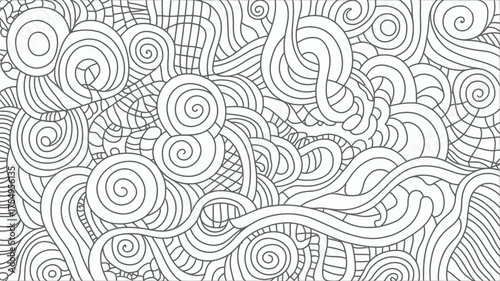 Abstract background featuring a dense arrangement of swirling lines and circular shapes in monochrome