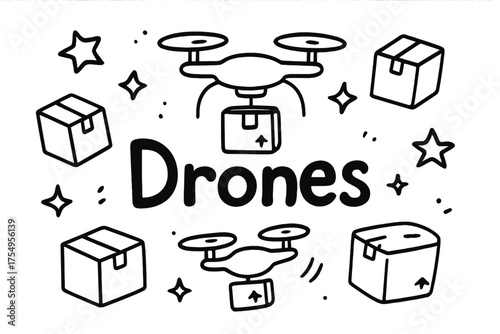 Drones and Sparkly Packages. Doodle drone delivery with stars, packages, and sparkles, center word “Drones” in black and white