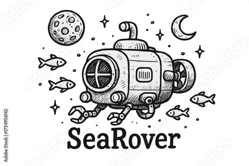 Underwater Rover Illustration. Hand-drawn underwater rover with moons, fish, and sparkles, center word “SeaRover” in black and