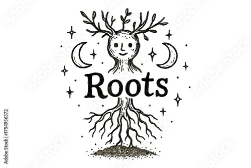 Root Spirit with Moons. Hand-drawn root spirit with moons, soil, and sparkles, center word “Roots” in black and white isolated