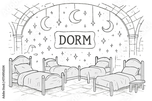 Wizard Dormitory Illustration. Hand-drawn wizard dormitory with moons, beds, and sparkles, center word “Dorm” in black and white