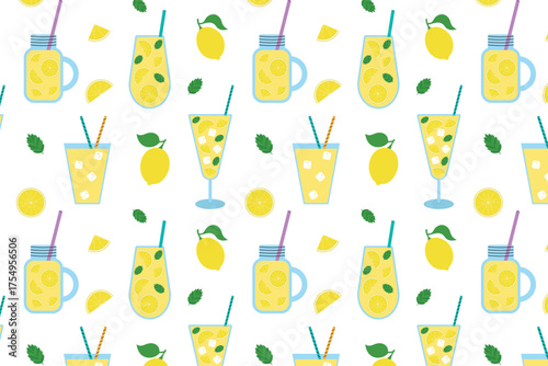 Wallpaper Mural Seamless pattern with lemonade in glasses with straws and mint. A refreshing summer lemon drink. Vector illustration. Torontodigital.ca
