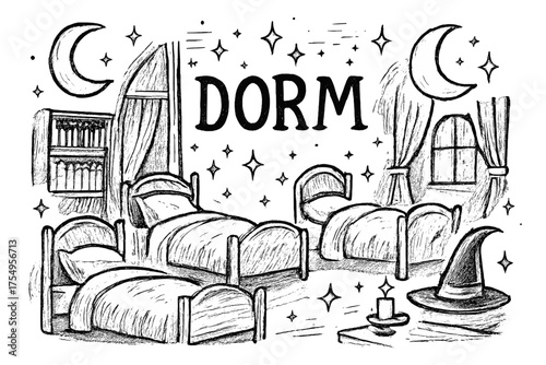 Wizard Dormitory Illustration. Hand-drawn wizard dormitory with moons, beds, and sparkles, center word “Dorm” in black and white