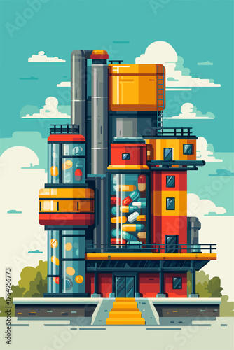 Colorful Pharmaceutical Factory Building with Modern Design and Abstract Elements