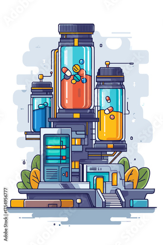 Modern Pharmaceutical Factory with Colorful Medicinal Bottles and High-Tech Equipment