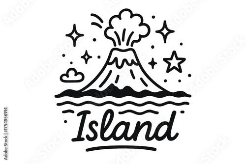 Island Doodle Art. Doodle volcanic island with stars, waves, and sparkles, center word “Island” in black and white isolated