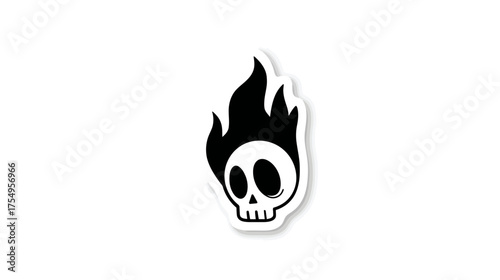 Stylized black and white skull with flames sticker on a white background