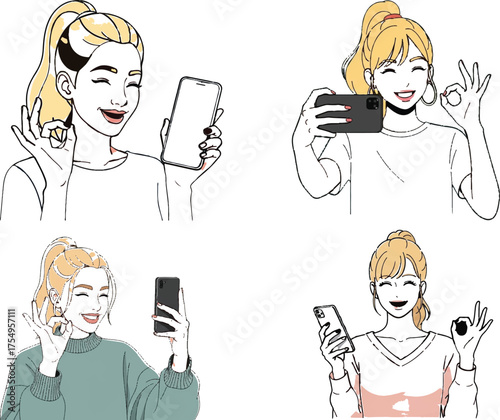 Four young women with blonde hair taking selfies and holding smartphones isolated on transparent background