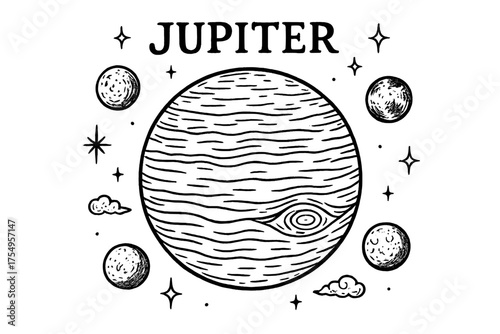 Jupiter with Moons. Hand-drawn jupiter with moons, storms, and sparkles, center word “Jupiter” in black and white isolated