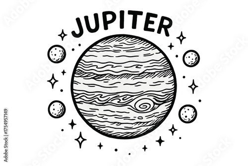 Jupiter with Moons. Hand-drawn jupiter with moons, storms, and sparkles, center word “Jupiter” in black and white isolated
