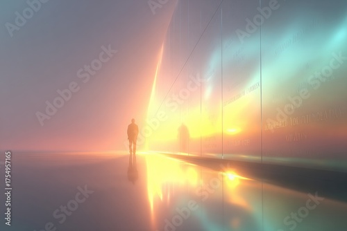 Mysterious figure walks through ethereal landscape illuminated by vibrant hues