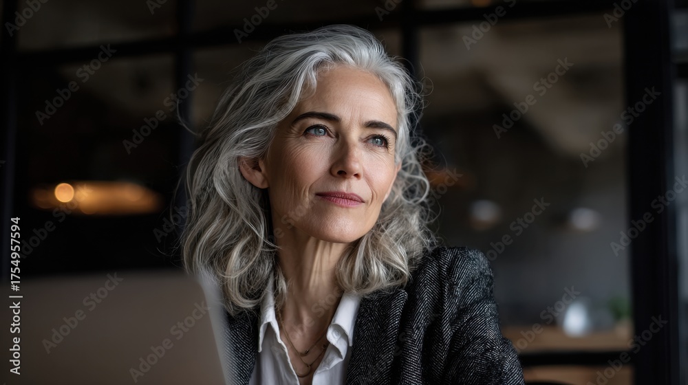 Fototapeta premium A woman with silver hair sits pensively in a comfortable cafe while sipping coffee.