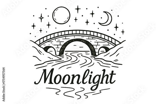 Moonlight Bridge Art. Hand-drawn moonlight bridge with moons, sparkles, and rivers, center word “Moonlight” in black and white