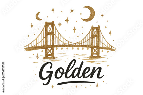 Golden Bridge Artwork. Hand-drawn golden bridge with moons, lights, and sparkles, center word “Golden” in black and white isolated