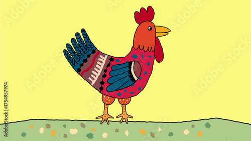 This charming hand-drawn sketch depicts a rooster in a whimsical, childish style. The simple lines and playful, naive look of the drawing convey the innocence and creativity of childhood.