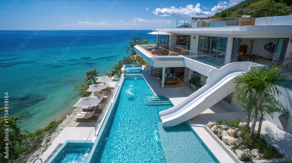 Fototapeta premium Luxurious villa overlooks the ocean with a sleek infinity pool and thrilling waterslide on a sunny day.