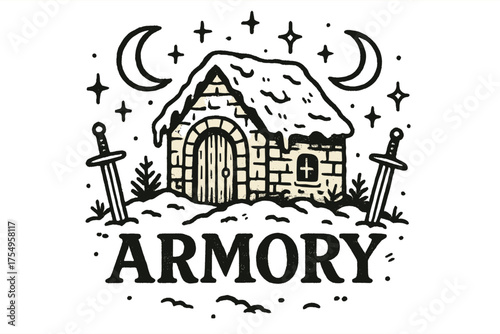 Snowy Armory Scene. Hand-drawn snowy armory with moons, swords, and sparkles, center word “Armory” in black and white isolated