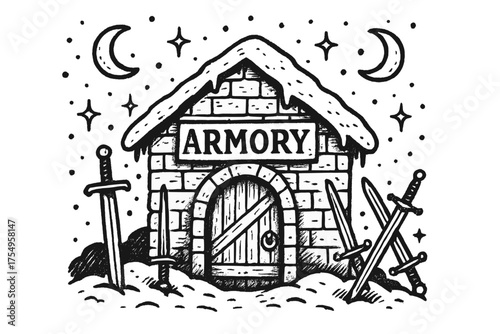 Snowy Armory Scene. Hand-drawn snowy armory with moons, swords, and sparkles, center word “Armory” in black and white isolated