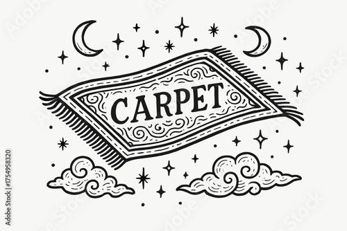 Enchanted Flying Carpet. Hand-drawn flying carpet relic with moons, sparkles, and clouds, center word “Carpet” in black and white