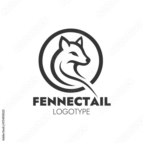 FENNEC TAIL logo with stylized fox head and tail forming circular emblem and sleek monochrome typography