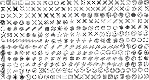 Diverse collection of hand-drawn doodle elements and abstract symbols, perfect for infusing a unique, organic, and whimsical handcrafted aesthetic into creative design projects