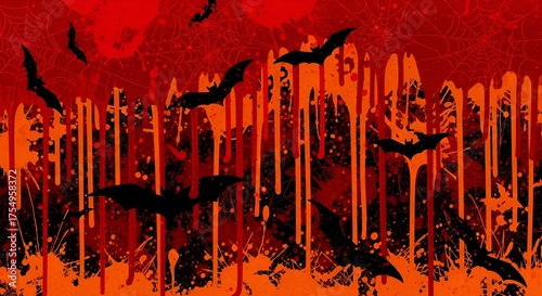 Spooky Halloween night scene with bats flying against a bloody red sky and dripping spiderwebs for thrilling party invitations