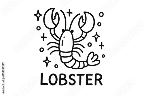 Starry Lobster Doodle. Doodle lobster with stars, sparkles, and bubbles, center word “Lobster” in black and white isolated