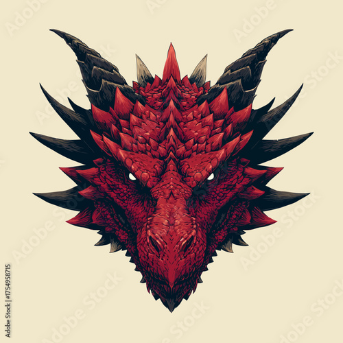 Pixel art of a fierce red dragon head with sharp horns, set on a pale yellow background
