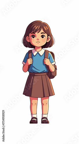 Animated school girl on isolated white shows stages of human life. Animated girl wears blue shirt and brown skirt with school backpack.